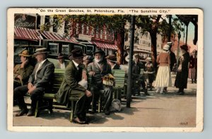 St Petersburg FL- Florida, On The Green Benches, Men Sitting, Vintage Postcard 