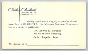 Clark Cleveland Postal Card  Dr. Kruska  Cedar Rapids  Iowa  Postcard