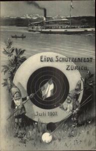 Poster Art Gnomes Fantasy Zurich Shooting Festival Guns Target 1907 Postcard