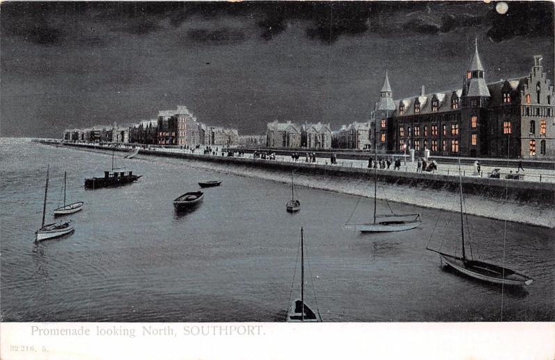 SOUTHPORT LANCASHIRE UK PROMENADE LOOKING NORTH~MOONLIGHT VIEW POSTCARD