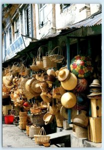 SINGAPORE ~ Basket Displays RATTAN SHOP Hats 1987 ~  4x6 Postcard