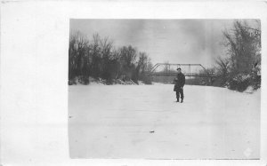 Postcard RPPC Illinois Chicago Man frozen river Bridge 23-8343