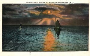 Vintage Postcard 1932 Beautiful Sunset and Wildwood-By-The-Sea New Jersey Funck
