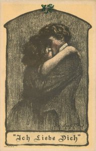 PF Volland Postcard; Man & Woman Embrace Kissing, Ich Liebe Dich, Love & Romance