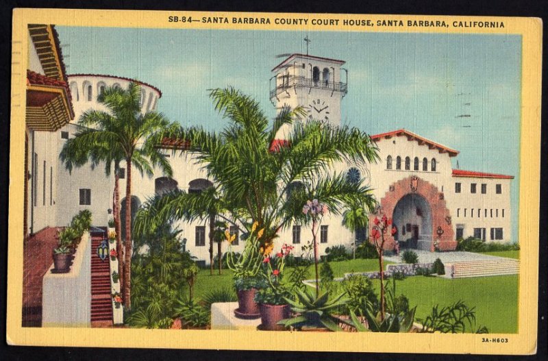 California SANTA BARBARA County Court House Beautiful Spanish Type pm1948 LINEN