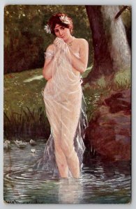 Sexy Woman Sheer Dress Wading in Stream Artist Signed Postcard E30