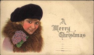 Christmas Beautiful Young Woman Girl Beret Fur Stole c1920 Vintage Postcard