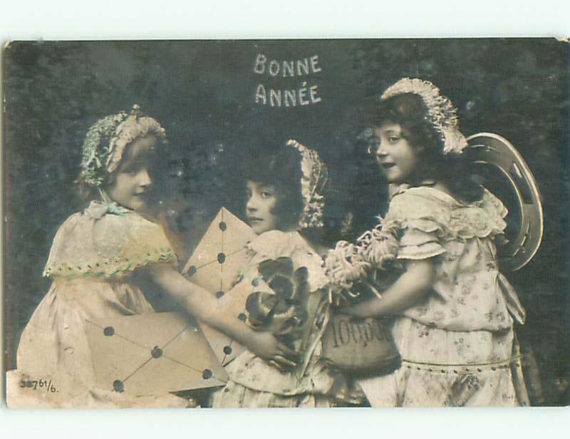 circa 1910 rppc THREE LITTLE FRENCH GIRLS WITH 100,000 MONEY SACK o2556