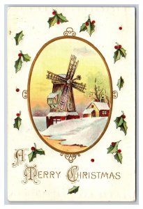 Merry Christmas Windmill Holly  Embossed UNP Unused DB Postcard O18