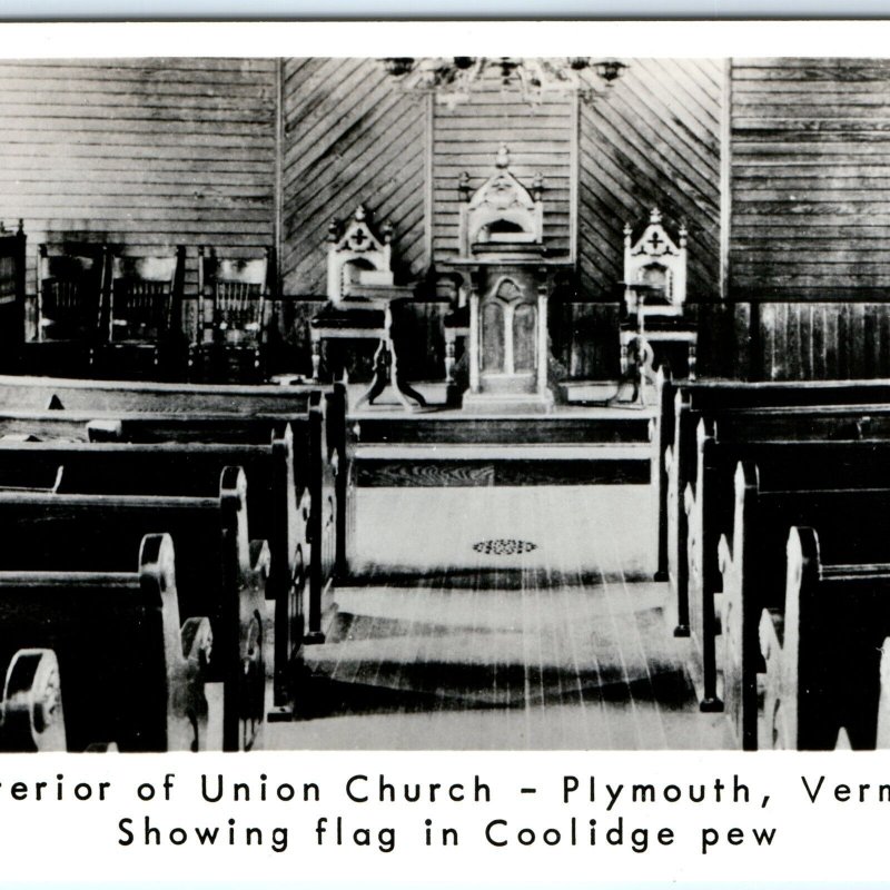 c1950s Plymouth, VT RPPC Union Church  of President Calvin Coolidge Pew PC A113