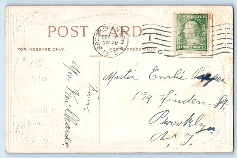 Christmas Postcard Church Scene Winter Snow Embossed Brooklyn NY 1910 Antique
