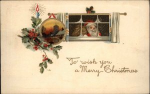 Christmas Santa Claus Bridge Candle Holly Gilt Embossed c1900s-20s Postcard