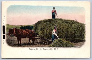 K37/ Youngsville New York Postcard c1910 Making Hay Farming Wagon 317