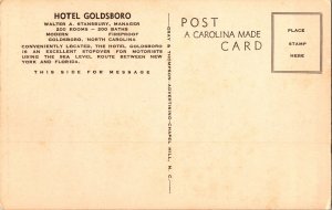 View of Hotel Goldsboro, Goldsboro NC Vintage Postcard L49 