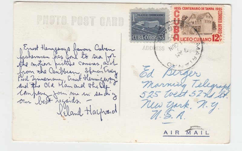 P1996, 1956 postcard cuba stamps Ernest Hemingway's fisherman old man & the sea