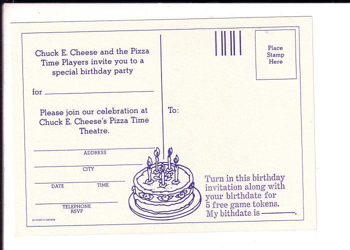 Special Birthday Party, Chuck E Cheese Pizza Theatre, Advertising Postcard