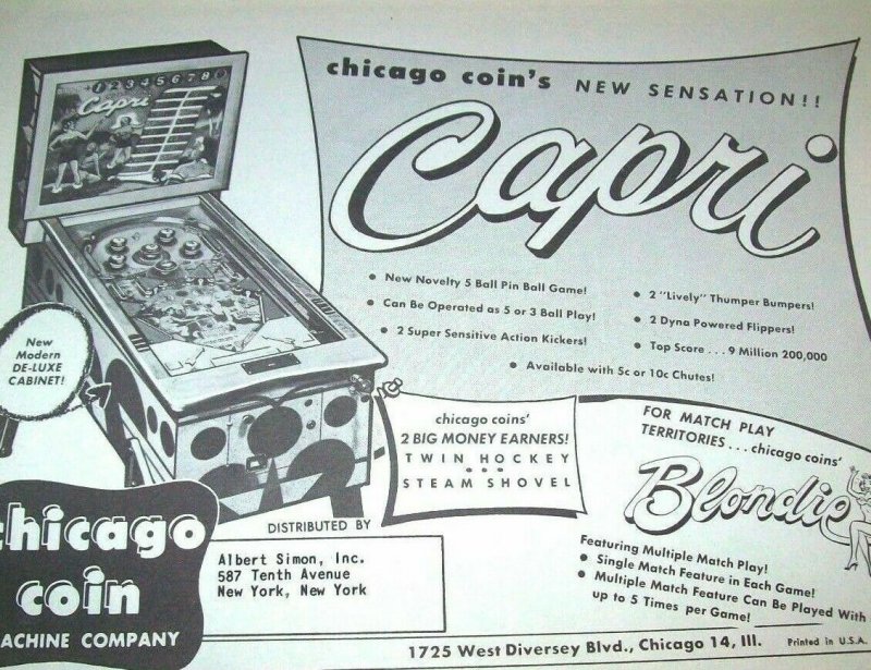 Chicago Coin Capri Pinball FLYER Original NOS 1956 Game Artwork Paper Ephemera