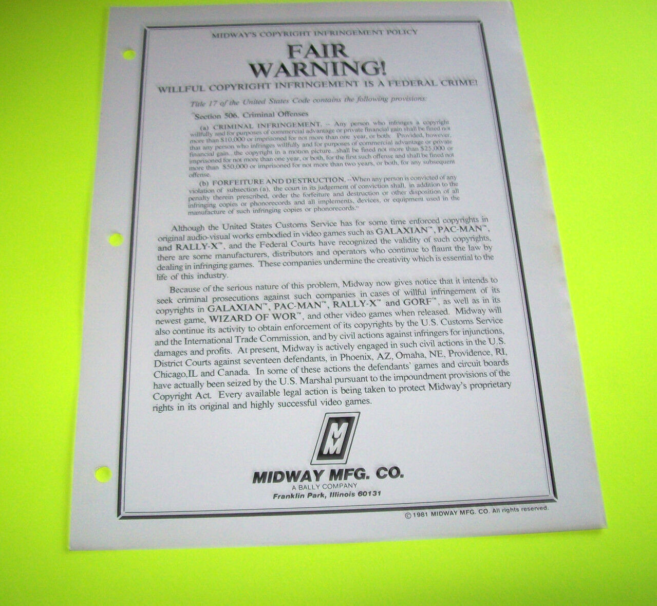 Bally Midway Video Arcade Game Sales Flyer Fair Warning 1981 Original