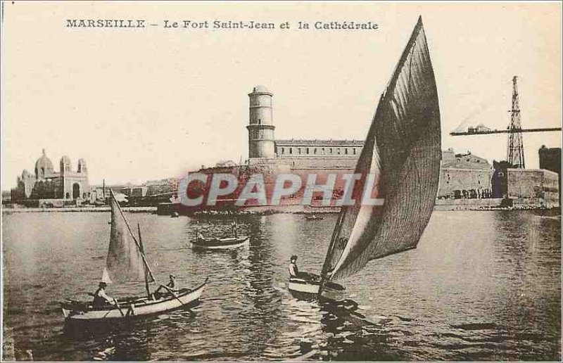 Old Postcard Marseille Fort St John and the Cathedral Boat