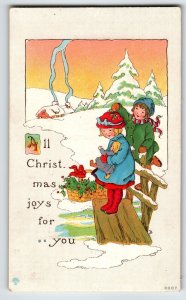 Christmas Postcard Children Outside On Bench Snow Cottage Home Toy Doll 1919