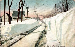 Vintage Railroad Train Locomotive Postcard - Dover NH - Snow Scene - 1907