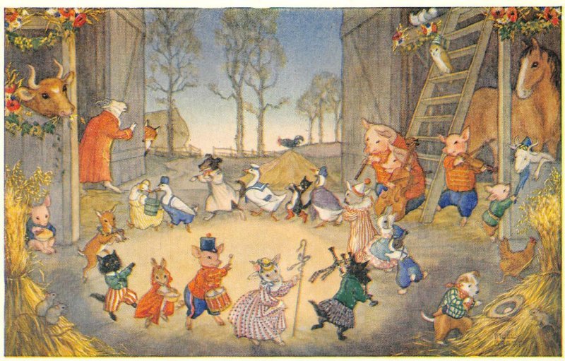 Barn Dance Art by Molly Brett Fantasy Illustration Animals ca 1960s Postcard