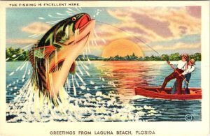 Laguna Beach, CA California  FISH EXAGGERATION Greetings ca1940's Linen Postcard