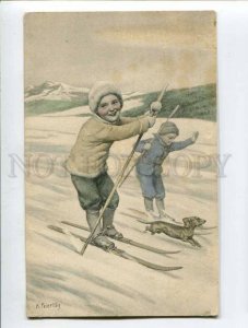 3054640 SKIING Childs & DACHSHUND by FEIERTAG Vintage postcard