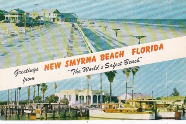 Florida Greetings From New Smyrna Beach World's Safest Beach Showing Boardwal...