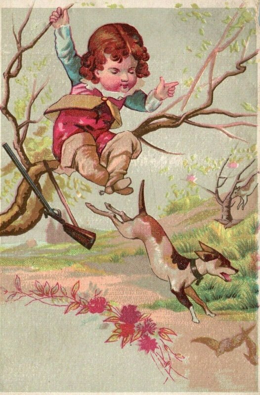 1880s-90s Boy Jumping Off Tree and Running After Dog Hunting