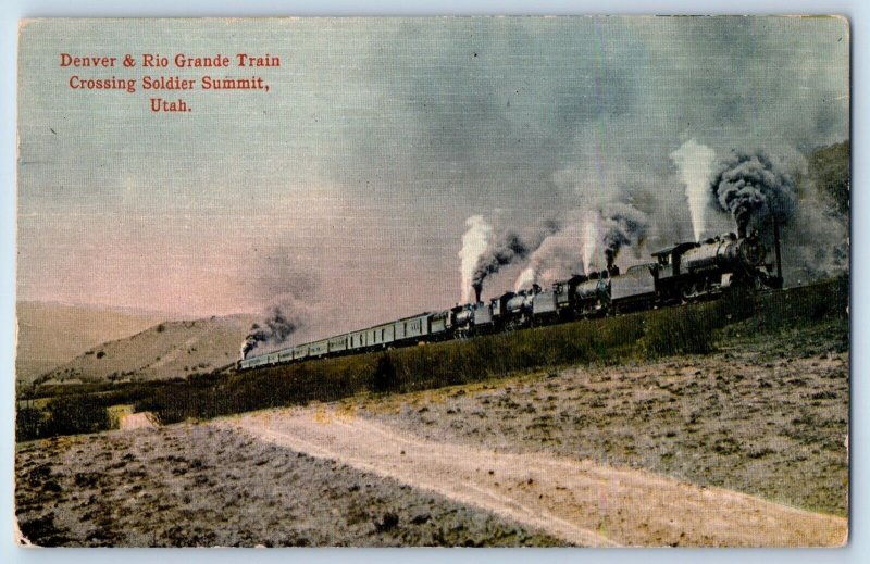 Utah Postcard Denver Rio Grande Train Crossing Soldier Summit Locomotive c1910