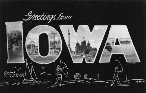 Iowa Large Letter RPPC~Amusement Park Rides~Soldiers Monument (Des Moines)~1948