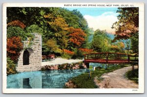 Joliet Illinois~Rustic Bridge & Spring House @ West Park~PM 1936 Linen Postcard
