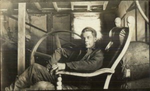 Coal Plant Worker Labor Break Sitting in Cahir + Photgraphy Real Photo Postcard