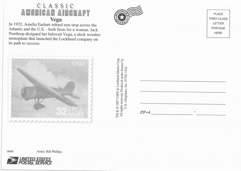 US Aircraft. unused. Vega. 5X7  Includes matching stamp #3142d.  Nice