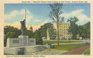 Augusta Maine World War I Memorial,  Capitol Dome Linen Postcard Unused