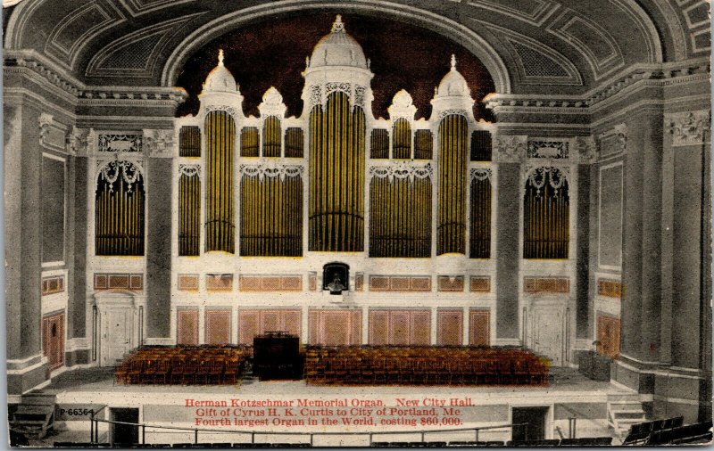 Vtg 1910s Herman Kotzschmar Memorial Organ City Hall Portland Maine ME Postcard