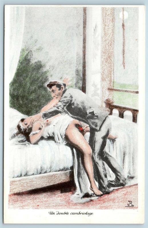 Postcard French Risque Man Woman Nude  Cartoon Double Dressing Q16