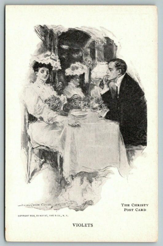 Howard Chandler Christy~Violets~Victorian Lady & Gent~Elegant Dinner Table~1905
