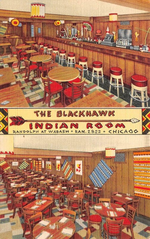 Chicago Illinois Blackhawk Indian Room, Multi-View Linen Vintage Postcard U7306