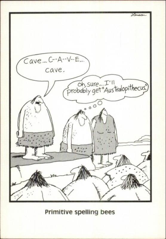 Vintage Gary Larson FAR SIDE 1980s Fantasy Postcard gfz CAVEMAN SPELLING BEE