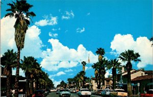 N Palm Canyon Dr Springs California CA Blue Sky Palms Old Cars Postcard VTG UNP 