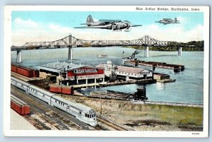 Burlington Iowa IA Postcard Mac Arthur Bridge Steamer Dock c1940 Vintage Antique