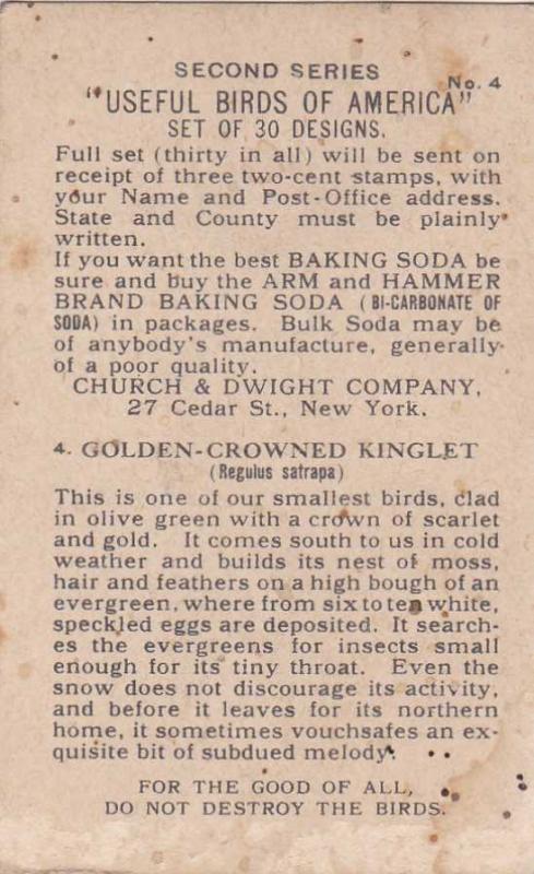 Golden Crowned Kinglet Trade, Trade Card - Arm & Hammer