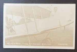 RPPC Postcard Louis Noel in Farman Biplane Hendon Aviation Japanese Writing