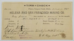 Helena & Frisco Mining Co 1890 Canyon Creek Idaho Time Check Carman Geo Johnston