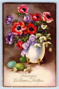 Latvia Postcard Easter Hatched Egg Vase With Flowers c1910's Posted Antique