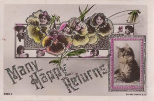 Edwardian Actress Collection Of Faces in Poppy Flowers Cat Rotary Postcard