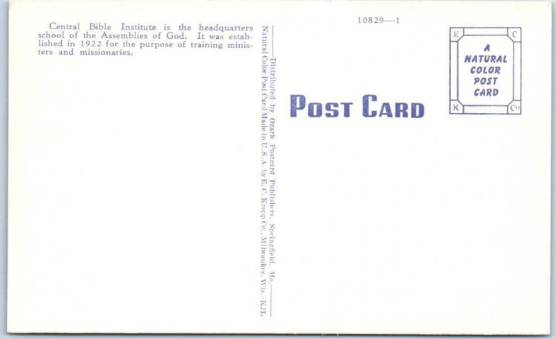 SPRINGFIELD, Missouri  MO   Admin Bldg  CENTRAL BIBLE INSTITUTE c1940s  Postcard