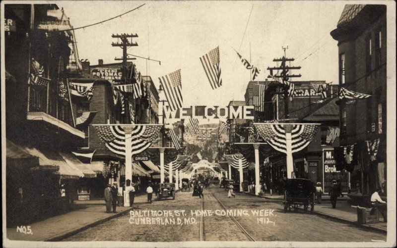 Cumberland MD Baltimore St. Decorated Home-Coming 1912 Real Photo Postcard 